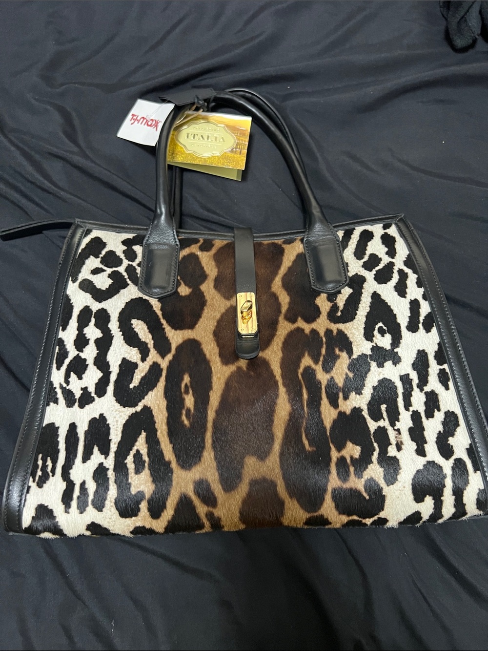 Leopard-Print Tote with Black Leather Trim